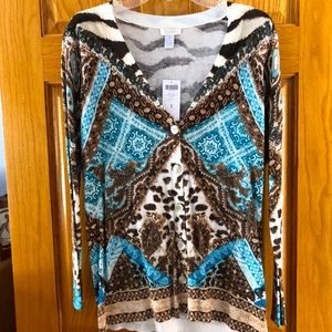 Chico’s sweater blues brown animal print